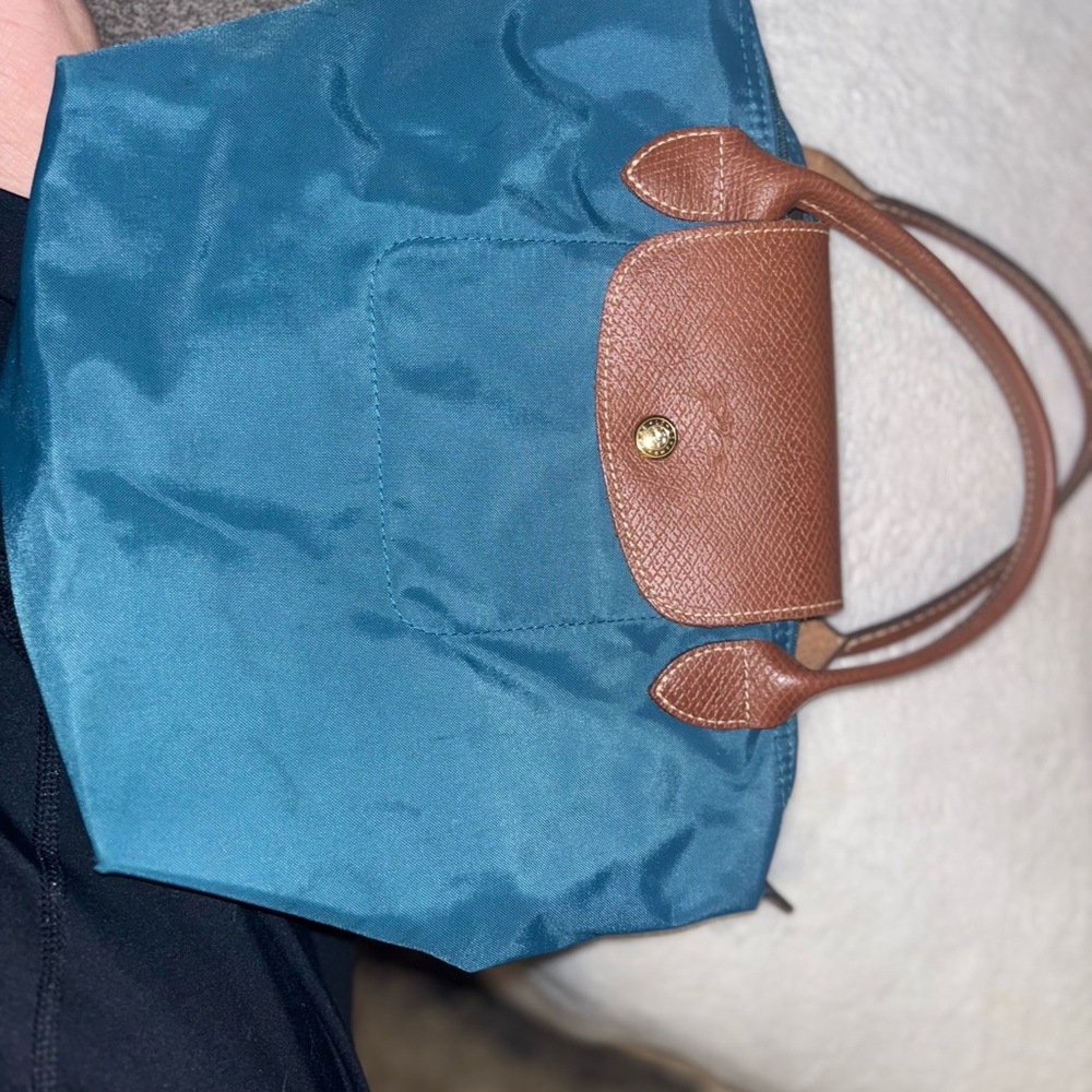 Longchamp Blue and Brown Tote Bag with Leather Accents & Scarf.